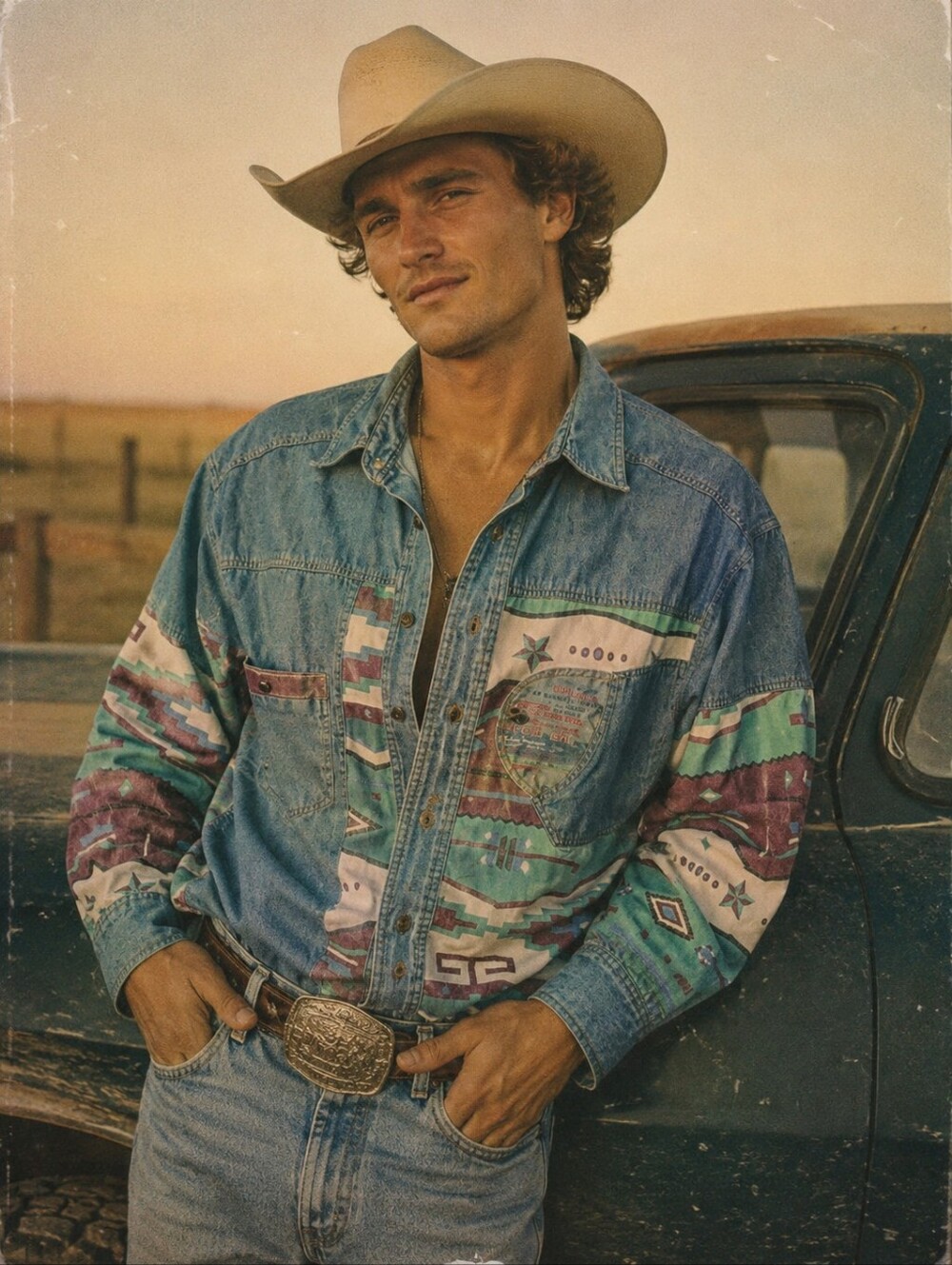Vintage 90s Bugle Boy Western Shirt Size M Southwestern Print Denim
